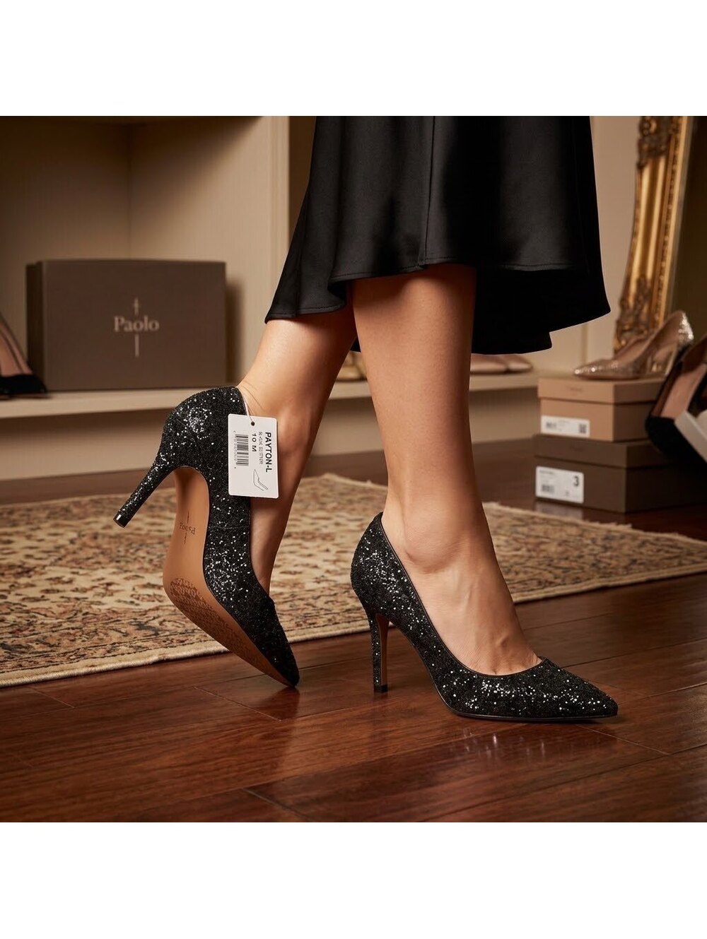 Paolo Payton Black Glitter Pointed Toe Pumps Size 10 M